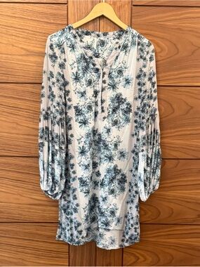 Free People Light Gray Gauze Dress with Blue Floral Boho Long Sleeve Medium